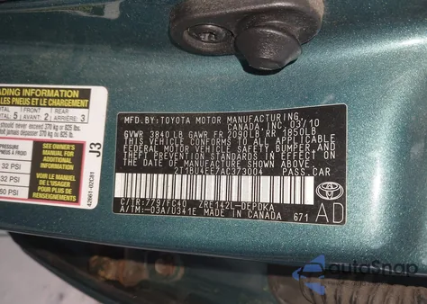 2010 Toyota Corolla Le from USA, damaged, VIN 2T1BU4EE7AC373004